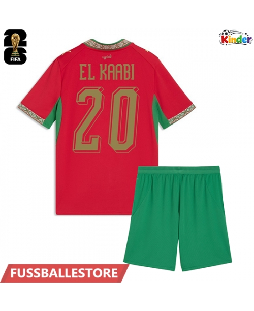 Günstige Marokko Ayoub El Kaabi #20 Heimtrikotsatz Kinder WM 2026 Kurzarm (+ Kurze Hosen)